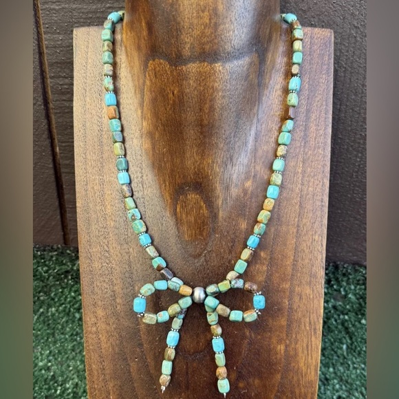 Bow Blue Green Turquoise Sterling Silver Pearls Bead Necklace. 18 Inch. Gift